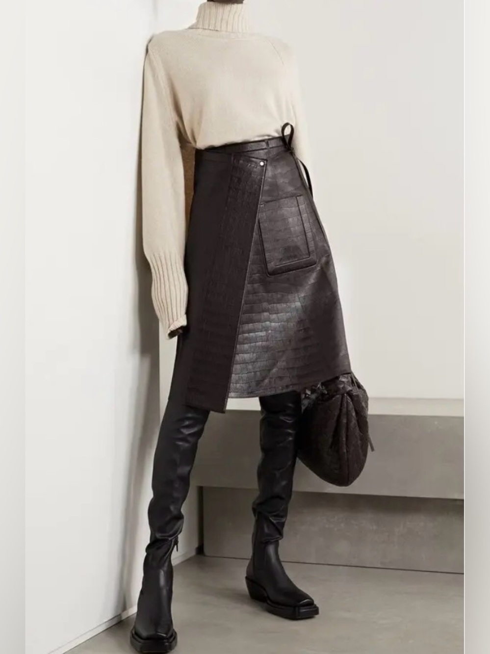 Peter Do Croc-Embossed Calf Leather Apron Wrap Skirt in Chocolate